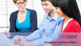  Presentation with international - Slides featuring international group of young students studying together in a college background and a light blue colored foreground