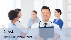  Presentation with clinic - Amazing PPT theme having international health - clinic profession people and medicine backdrop and a light blue colored foreground