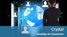  Presentation with global - Slide deck with international human resource - businesswoman pointing against global business background and a teal colored foreground