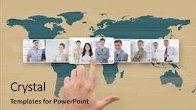  Presentation with interface - Colorful slide deck enhanced with international human resource - hand selecting futuristic interface showing backdrop and a coral colored foreground