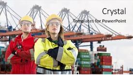  Presentation with container ship - Audience pleasing presentation consisting of international human resource - two proud looking dockers wearing backdrop and a white colored foreground