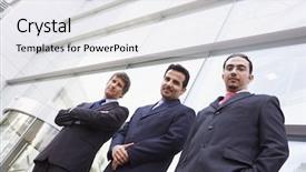  Presentation with modern building - Audience pleasing PPT theme consisting of international management - group of businessment outside modern backdrop and a white colored foreground