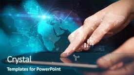  Presentation with tablet - Theme consisting of international market - hand using tablet with multinational background and a ocean colored foreground