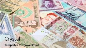  Presentation with middle east map countries - Beautiful PPT theme featuring international market economy - variety of middle east banknotes backdrop and a soft green colored foreground