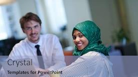  Presentation with green relaxation - Presentation theme with international-multicultural-business-team-man background and a light blue colored foreground