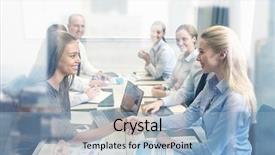  Presentation with business people - Amazing PPT theme having international negotiation - business people gesture and partnership backdrop and a light blue colored foreground