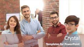  Presentation with team - PPT layouts having international negotiation - happy smiling business team background and a  colored foreground