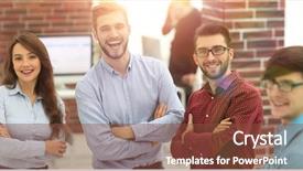  Presentation with team - Presentation theme having international negotiation - happy smiling business team background and a tawny brown colored foreground