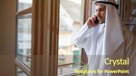  Presentation with international business - Slide set featuring international negotiation - phone communication between arabian businessman background and a  colored foreground