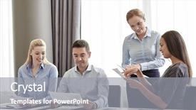  Presentation with five business people standing together and smiling - Colorful presentation theme enhanced with international negotiation - smiling business people with papers backdrop and a gray colored foreground