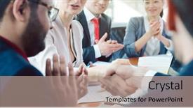  Presentation with negotiating - PPT theme having international negotiation - team of business people negotiating background and a coral colored foreground
