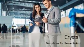  Presentation with negotiation - Presentation with international negotiation - two passengers in airport working background and a light gray colored foreground