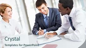  Presentation with team working together - PPT theme with international organizations - business team working on their background and a sky blue colored foreground