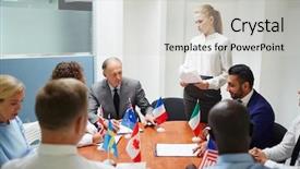  Presentation with report - Amazing PPT layouts having international organizations - young female delegate making report backdrop and a light gray colored foreground