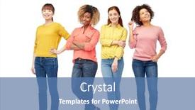  Presentation with race ethnicity - Colorful slide set enhanced with international people race ethnicity and portrait concept - happy young women over white background backdrop and a teal colored foreground