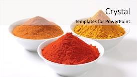  Presentation with piles - Presentation having international products - bowls with colorful spices piles background and a sky blue colored foreground