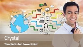  Presentation with composite - Presentation consisting of international products - composite image of smiling businessman background and a coral colored foreground