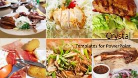  Presentation with meat - Colorful presentation enhanced with international products - plates with different delicious recipes backdrop and a yellow colored foreground