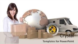  Presentation with international relations - Colorful theme enhanced with international relations - happy young woman holding backdrop and a coral colored foreground