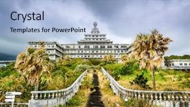  Presentation with hotel marketing strategies - PPT layouts consisting of international resorts - abandoned hotel building ruins background and a light blue colored foreground