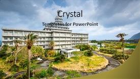  Presentation with hotel company anniversary - PPT layouts featuring international resorts - abandoned hotel building ruins background and a light blue colored foreground