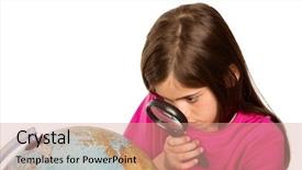  Presentation with looking glass - Presentation design enhanced with international school - cute pupil looking at globe background and a coral colored foreground