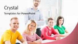  Presentation with group of students raising hands - Beautiful slides featuring international school - group of teenage students studying backdrop and a  colored foreground