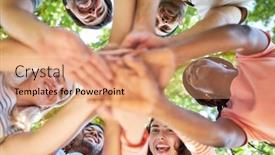  Presentation with team hands - Presentation design with international-start-up-team-stacking background and a coral colored foreground