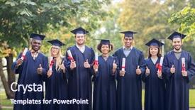  Presentation with international education - Slide set with international students in mortar boards background and a  colored foreground
