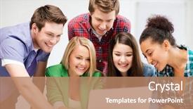  Presentation with international education - Beautiful slide set featuring international students looking at laptop backdrop and a coral colored foreground