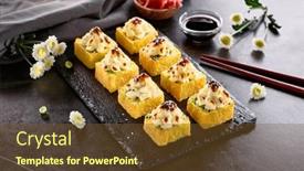  Presentation with chopstick - Amazing slide set having international-tempura-sushi-roll backdrop and a tawny brown colored foreground