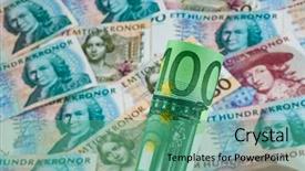  Presentation with european currency - Beautiful slide deck featuring international trade policy - swedish krona the currency backdrop and a  colored foreground