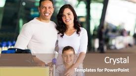  Presentation with follow up a family - Beautiful PPT theme featuring international travel - happy travelling family standing backdrop and a  colored foreground
