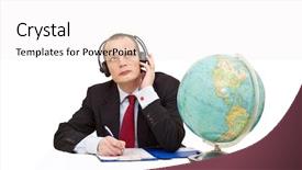  Presentation with listening - Presentation theme with internationalization - businessman with a head set background and a white colored foreground