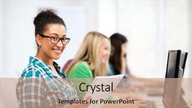  Presentation with technology education - Presentation theme having internet - african student with computer background and a coral colored foreground