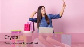  Presentation with credit card - Beautiful slide set featuring internet - beautiful woman with credit card backdrop and a coral colored foreground