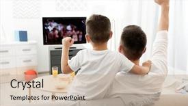  Presentation with entertainment - Presentation design consisting of internet - father and son watching television background and a soft green colored foreground