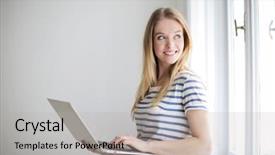  Presentation with cheerful stylish city girl using - PPT theme having internet - girl using a laptop background and a light gray colored foreground