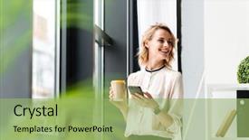  Presentation with woman business - Colorful presentation theme enhanced with internet - image of cheerful young business backdrop and a mint green colored foreground