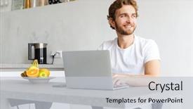  Presentation with young man holdng laptop on lap money - Cool new presentation with internet - photo of a happy young backdrop and a light gray colored foreground