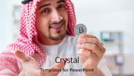  Presentation with cryptocurrency - Colorful slide deck enhanced with internet banking presentation - arab man with bitcoin backdrop and a  colored foreground