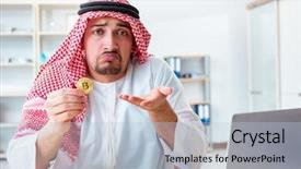  Presentation with mining - Slide deck with internet banking presentation - arab man with bitcoin background and a light blue colored foreground