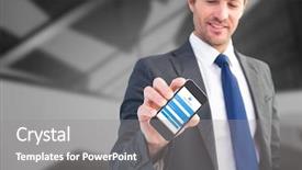  Presentation with smartphone - Colorful theme enhanced with internet banking presentation - businessman showing his smartphone screen backdrop and a gray colored foreground