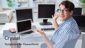  Presentation with 3d man sitting question mark - Slide set with internet banking presentation - businessman sitting in front background and a  colored foreground