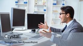  Presentation with tv screens noise on old - Slide deck featuring internet banking presentation - businessman sitting in front background and a  colored foreground