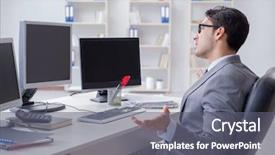  Presentation with 3d man sitting question mark - Slides with internet banking presentation - businessman sitting in front background and a  colored foreground