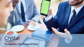  Presentation with green screen - Slide deck enhanced with internet banking presentation - closeup portrait of smiling businessman background and a light blue colored foreground