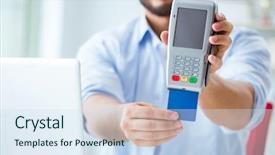  Presentation with card transaction - Cool new presentation with internet banking presentation - man processing credit card transaction backdrop and a sky blue colored foreground