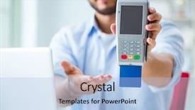  Presentation with card transaction - Beautiful theme featuring internet banking presentation - man processing credit card transaction backdrop and a light blue colored foreground