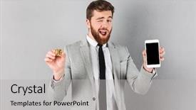  Presentation with mobile banking - Colorful slide deck enhanced with internet banking presentation - portrait of a charming businessman backdrop and a light gray colored foreground